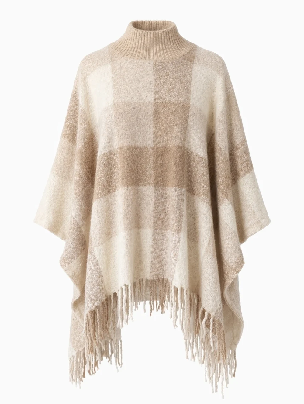 Neutral Cream & Tan Plaid Turtleneck Poncho